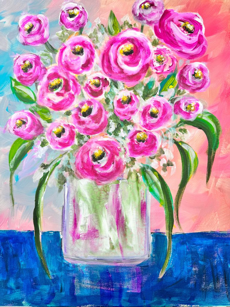 Pink Ranunculus Bouquet, acrylic painting by Trish Davis